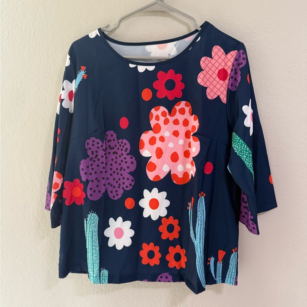 Bold Navy Floral Print Top – Multicolor Flowers, Size XL